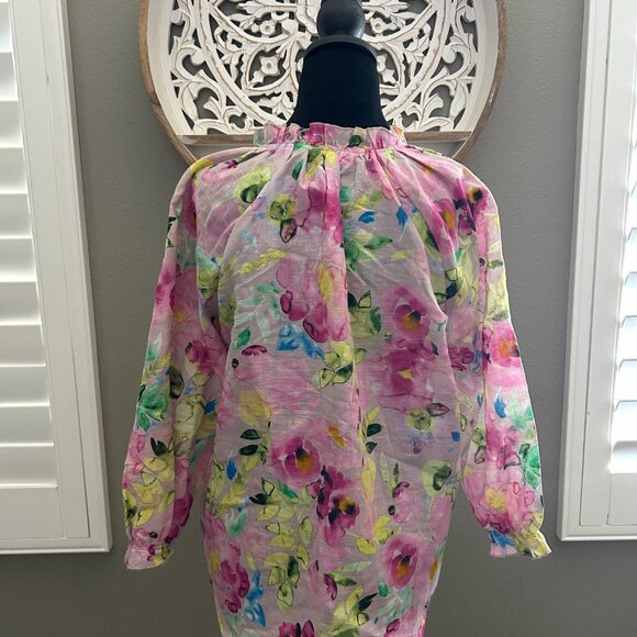 Hester & Orchard Shirt Linen Pink Yellow Watercolor Floral Blouse 3/4 Sleeve SZM - Picture 5 of 8